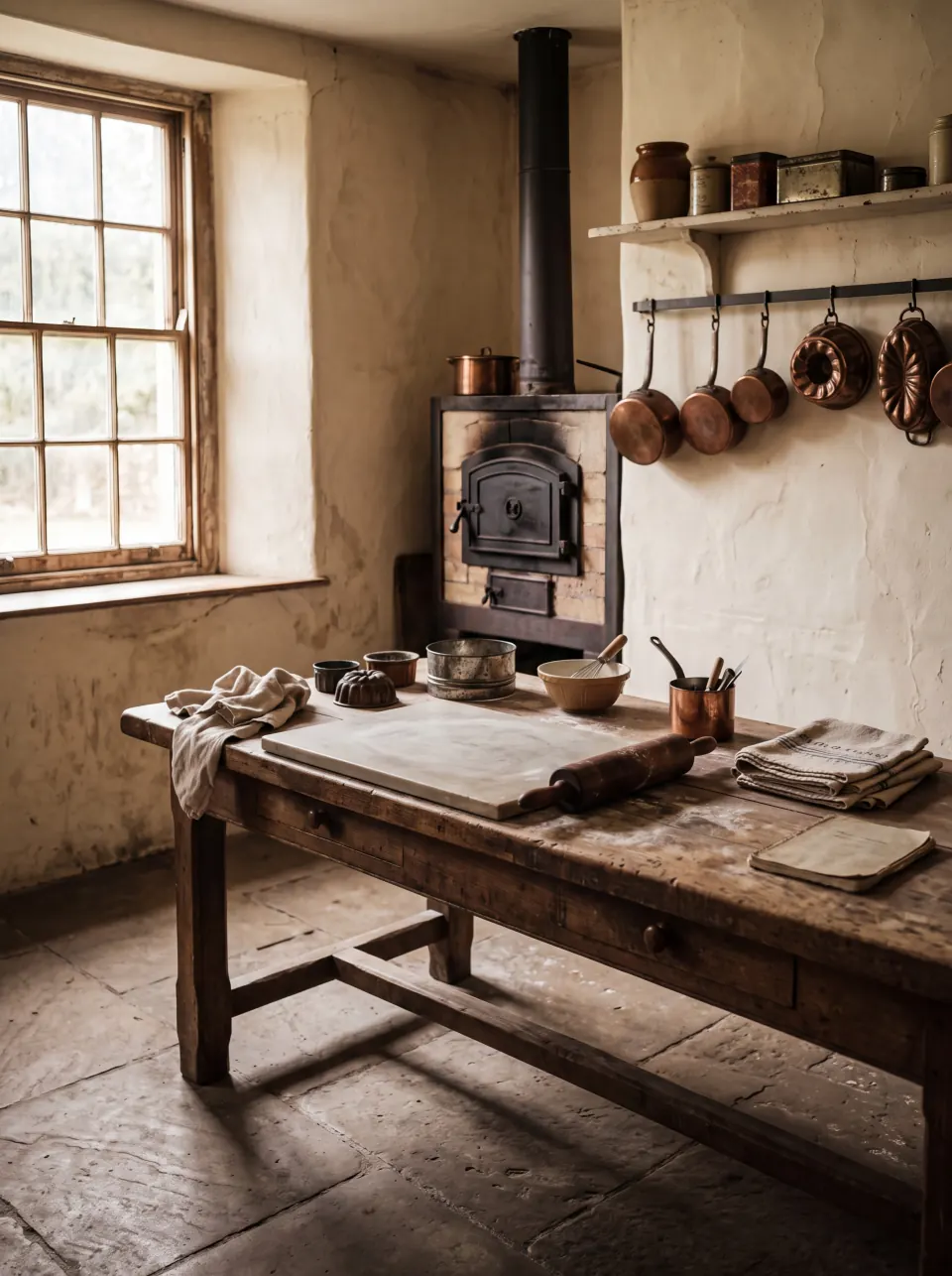 A warm kitchen with baking tools and a wooden worktable