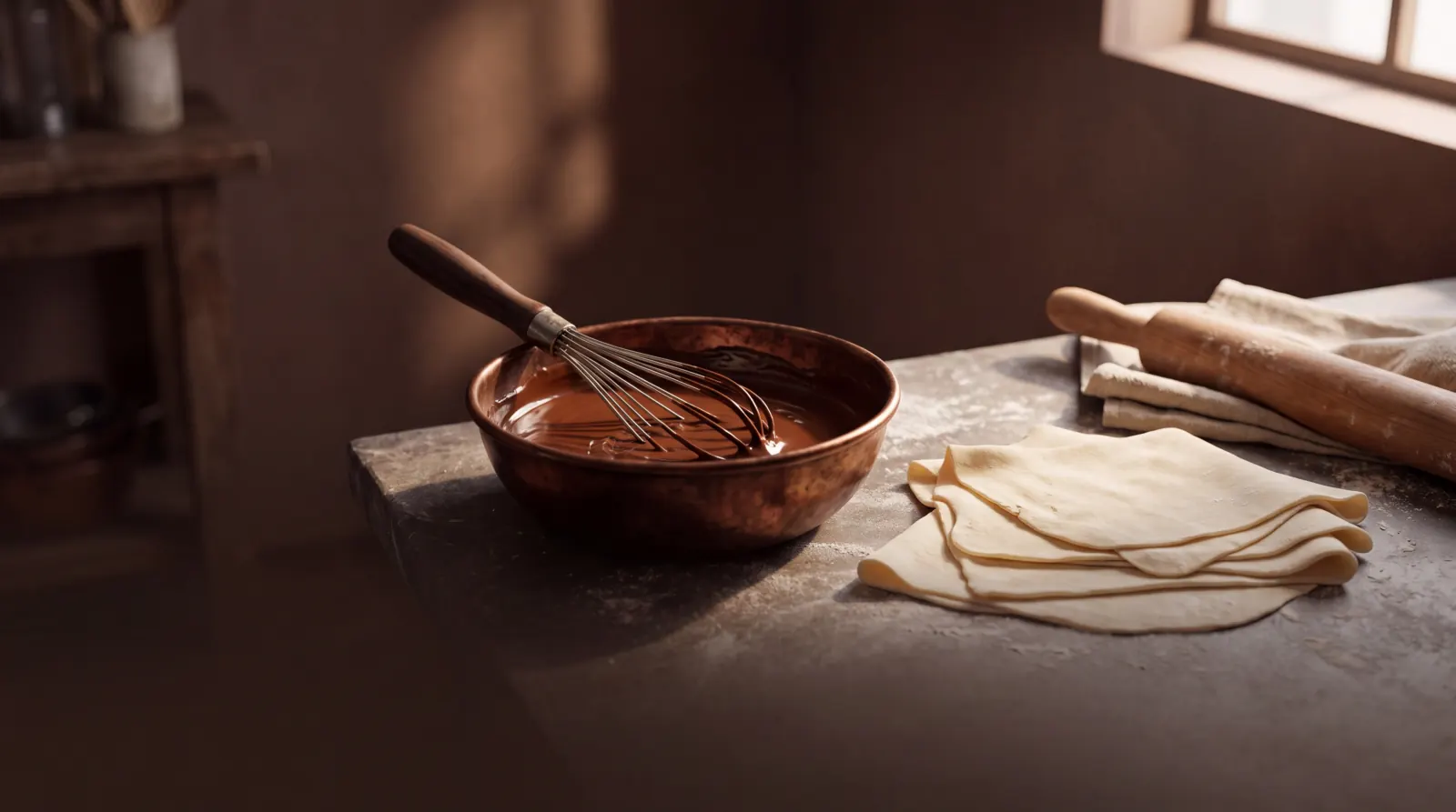 Chocolate ganache and a whisk on a sunlit kitchen table
